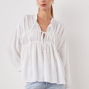 NWT Madison The Label White Linen Boho Peasant Blouse Tie Front Small